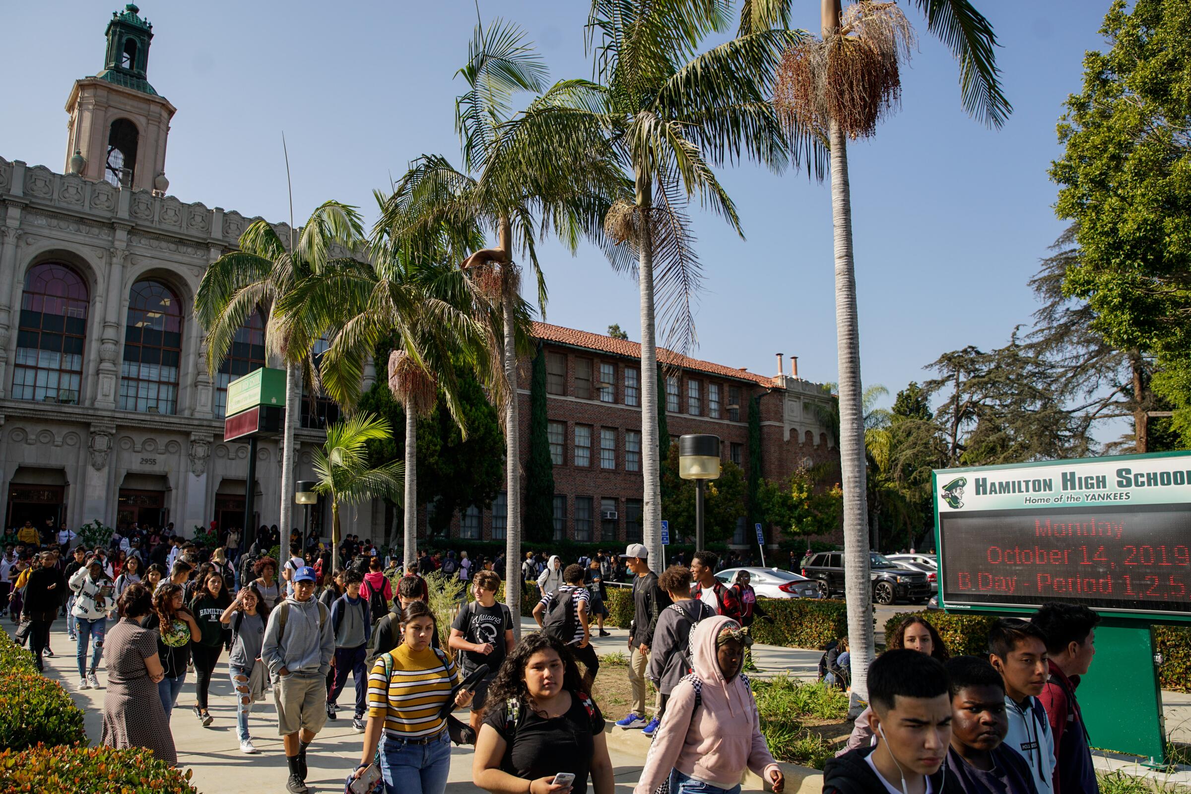 Students file out from Hamilton High School, an L.A. Unified campus with multiple magnet programs.