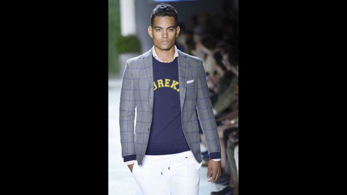 A model's California-influenced ensemble includes a Eureka shirt at Michael Bastian's spring-summer show during New York Fashion Week: Men's.