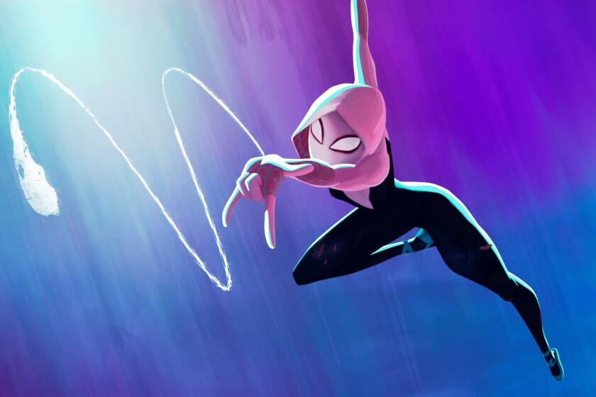 A colorful cartoon image of Spider-Woman slinging a web in mid-air.