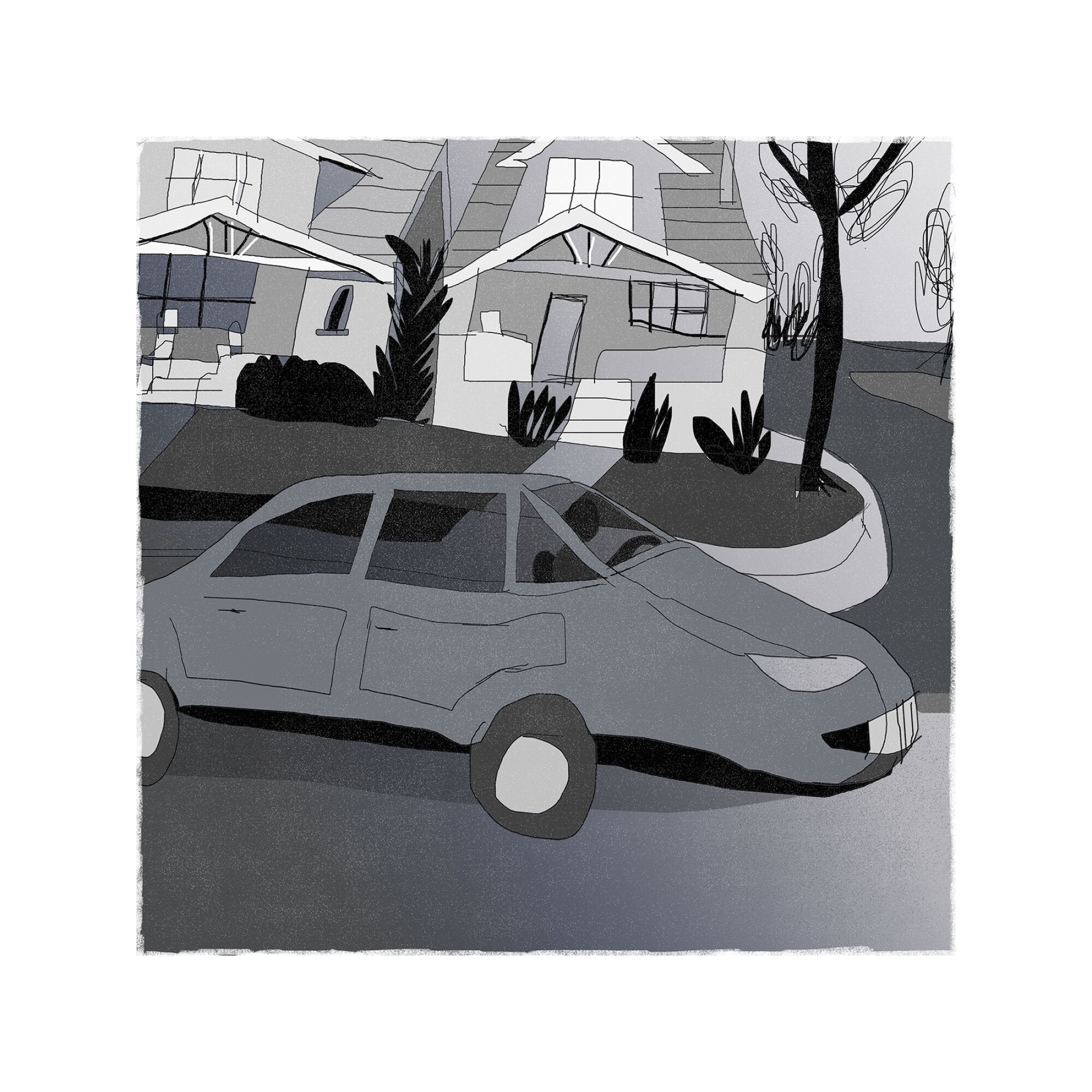 Black-and-white illustration of a car driving past houses in the background.