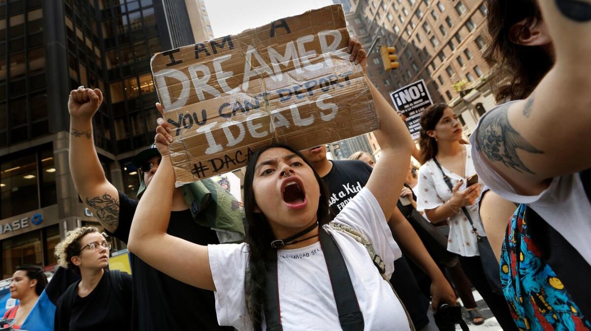 Gloria Mendoza, a "Dreamer," protests at Trump Tower in New York on Sept. 5.