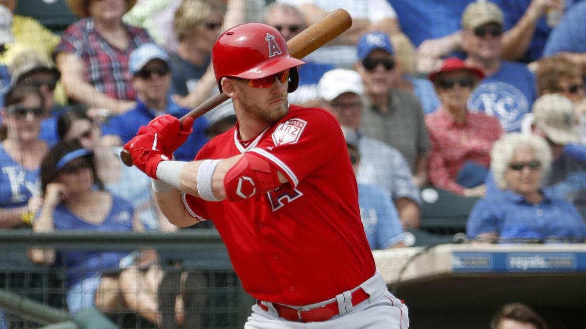 Angels' Taylor Ward hits during a spring training game in Surprise, Ariz.