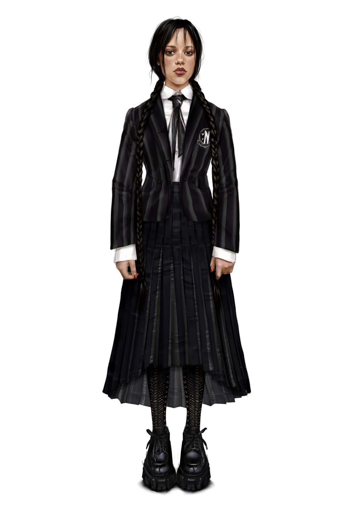 An illustration of Wednesday's school uniform of pleated skirt, blazer and tie. 