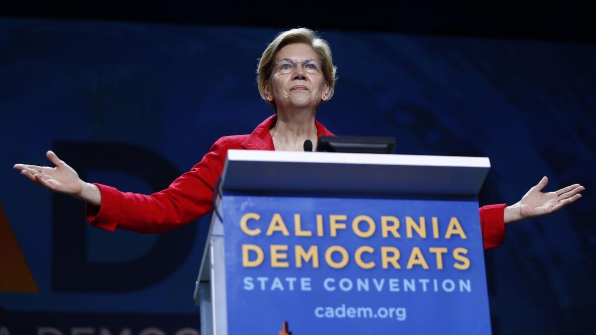 Sen. Elizabeth Warren of Massachusetts addresses convention delegates on Saturday.