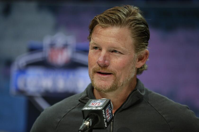 Los Angeles Rams general manager Les Snead speaks during a press conference at the NFL football scouting combine in Indianapolis, Tuesday, Feb. 25, 2020. (AP Photo/Michael Conroy)