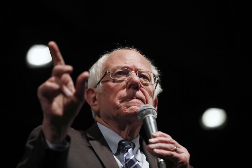 Democratic presidential candidate Sen. Bernie Sanders, I-Vt., speaks during a campaign rally Monday, March 9, 2020, in St. Louis. (AP Photo/Jeff Roberson)
