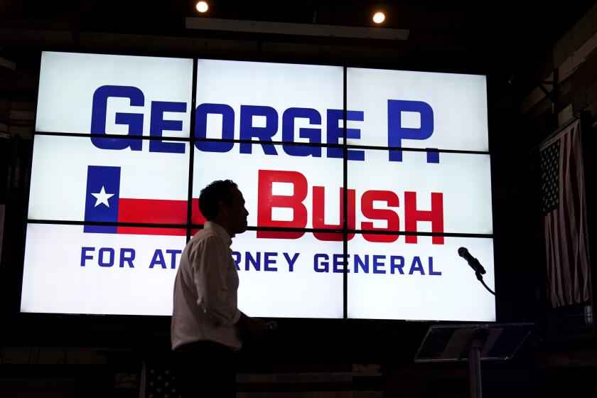 Texas Land Commissioner George P. Bush leaves the stage at a kick-off rally where he announced he will run for Texas Attorney General, Wednesday, June 2, 2021, in Austin, Texas. (AP Photo/Eric Gay)