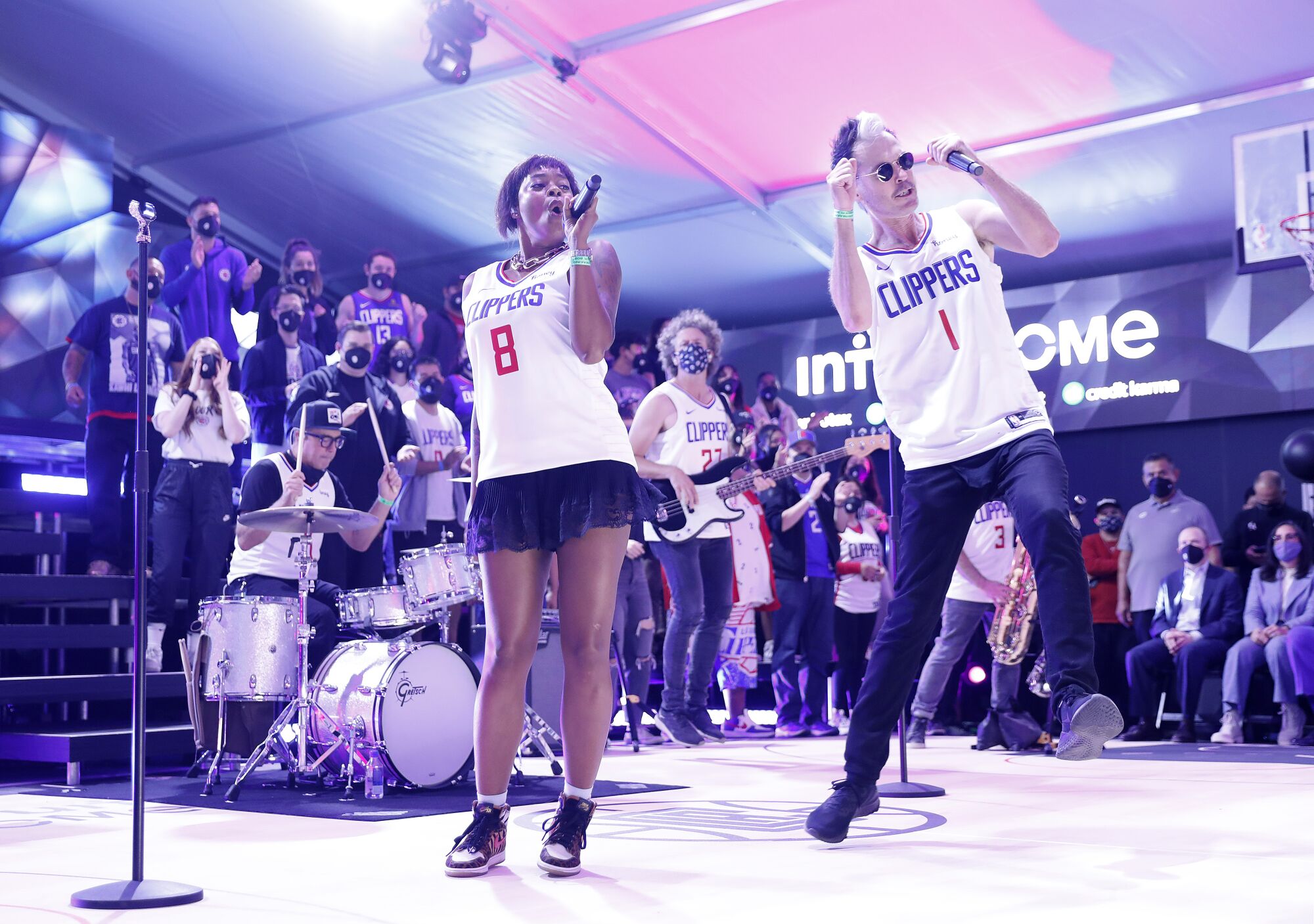 Fitz and the Tantrums perform during the Clippers' groundbreaking ceremony.