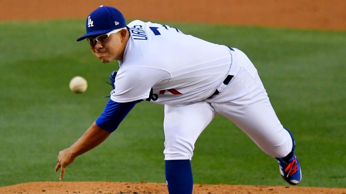The Dodgers' Julio Urias pitches against Pittsburgh at Dodger Stadium on May 9.