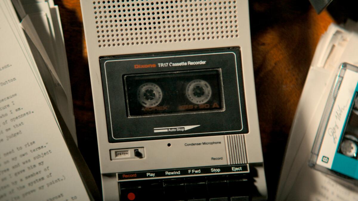 An overhead shot of a cassette recorder