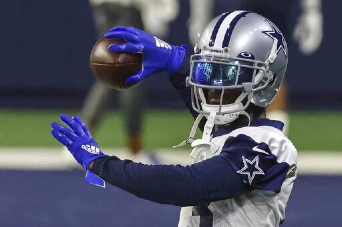 Dallas Cowboys wide receiver Michael Gallup during NFL football practice at the Ford Center in Frisco, Texas on Wednesday, Oct. 27, 2021. (Lola Gomez/The Dallas Morning News via AP)