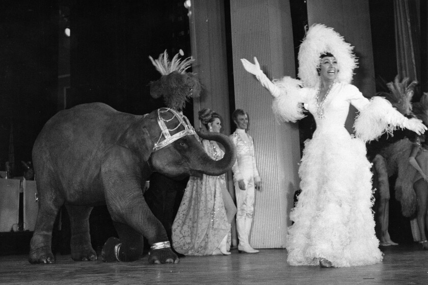 FILE - In this April 4, 1968 file photo, entertainer Josephine Baker appears with a young elephant on stage during her gala premiere at the Olympia Theatre in Paris. The remains of American-born singer and dancer Josephine Baker will be reinterred at the Pantheon monument in Paris, making the entertainer who is a World War II hero in France the first Black woman to get the country’s highest honor. Le Parisien newspaper reported Sunday Aug. 22, 2021, that French President Emmanuel Macron decided to organize a ceremony on November 30 at the Paris monument. (AP Photo/File)