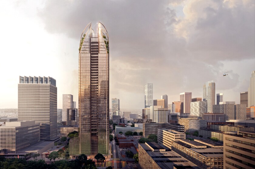 The top of a proposed 43-story condo and hotel tower at 1111 Hill St. in downtown Los Angeles, shown in an artist rendering, is intended to evoke a California redwood tree.