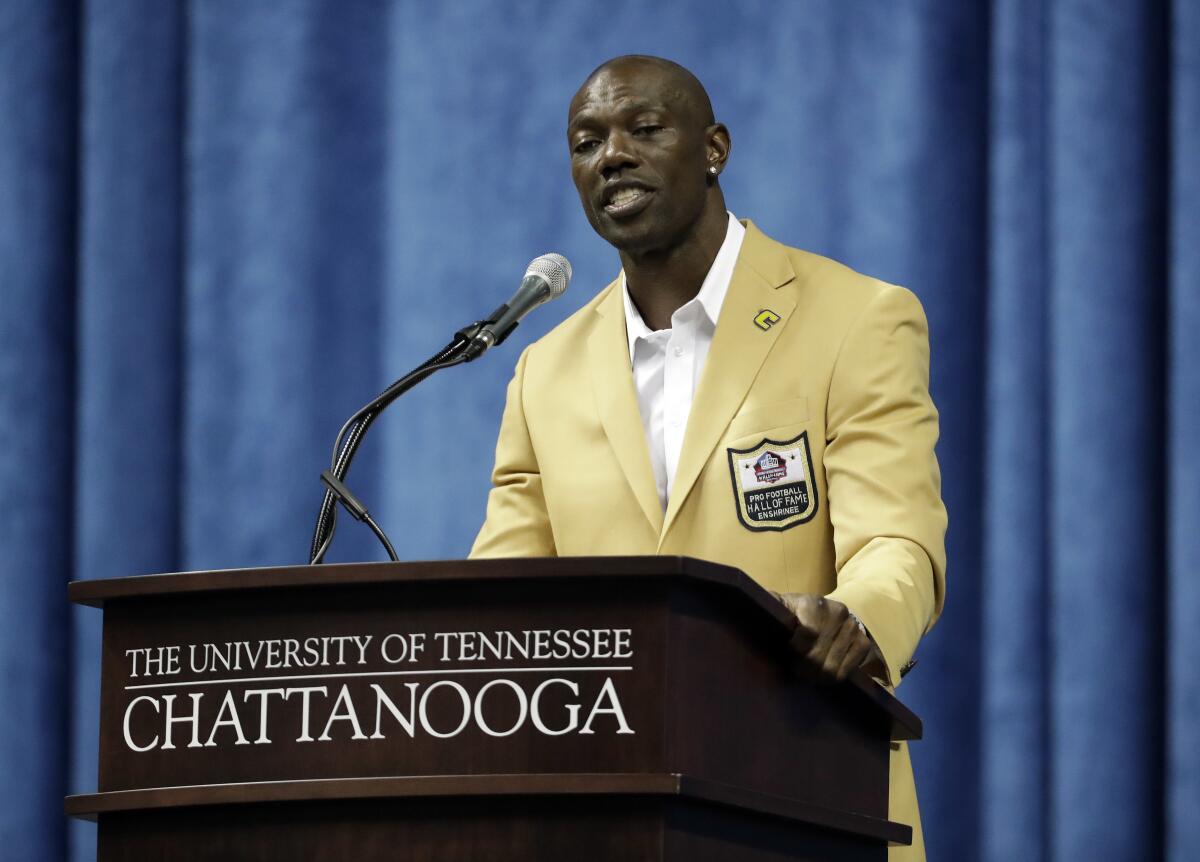 Former NFL wide receiver Terrell Owens delivers his Pro Football Hall of Fame speech at the University of Tennessee at Chattanooga on Aug. 4, 2018. Owens still hasn't changed his mind about how he views the Hall of Fame.