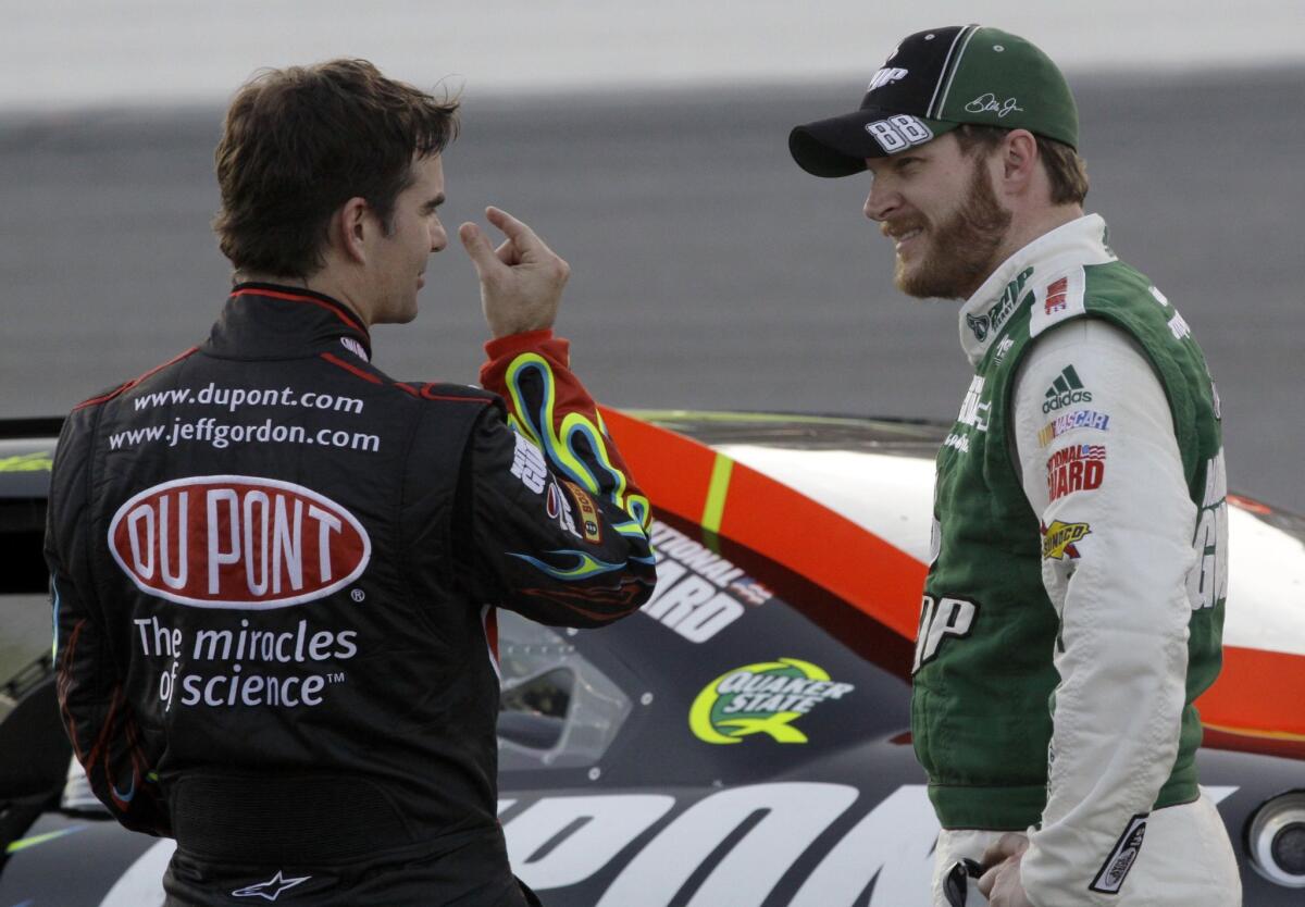 Jeff Gordon, left, might step in for Dale Earnhardt Jr., right, at race in Indianapolis. Earnhardt is battling concussion-like symptoms.