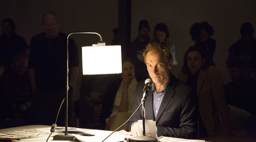 Julian Sands performs as the reader in John Cage's "Speech" on Sunday at LAXart in Hollywood. 