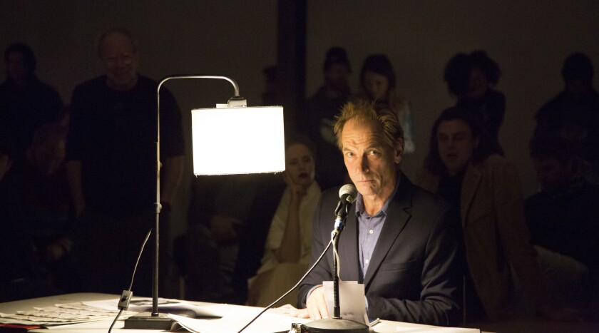 Julian Sands performs as the reader in John Cage's "Speech" on Sunday at LAXart in Hollywood.