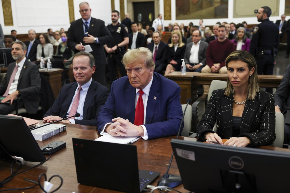 Donald Trump sits with lawyers Christopher Kise and Alina Habba during  closing arguments in a court room.