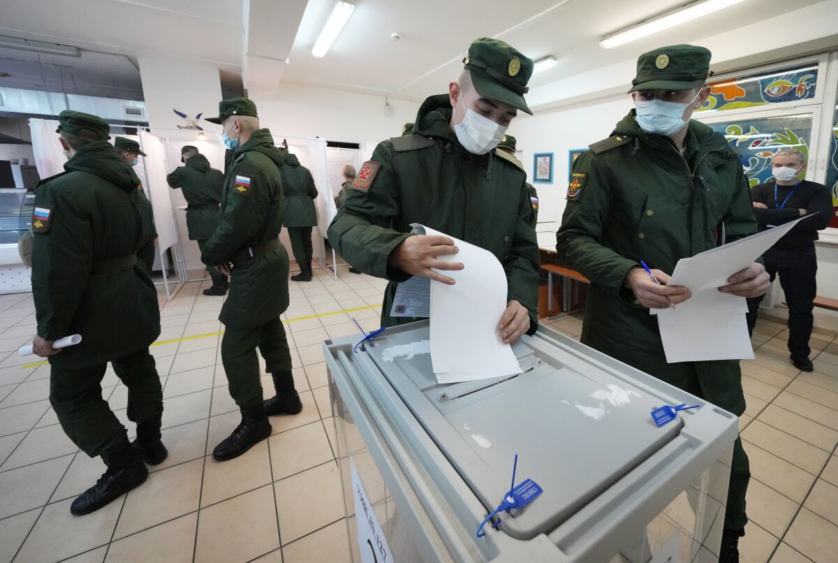 Russian Army soldiers casting ballots in election