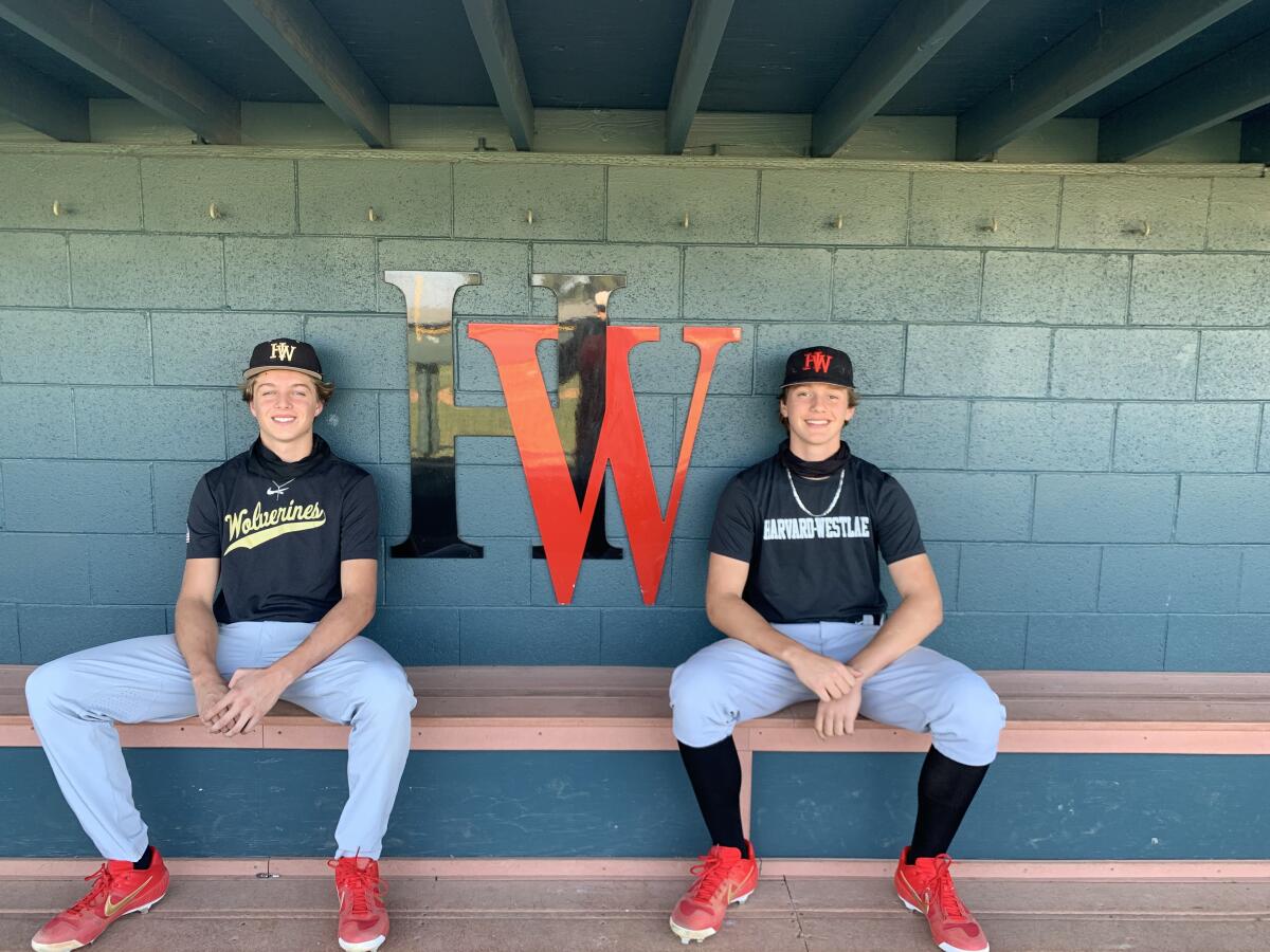 Harvard-Westlake freshmen Bryce Rainer and Duncan Martsten in the dugout.