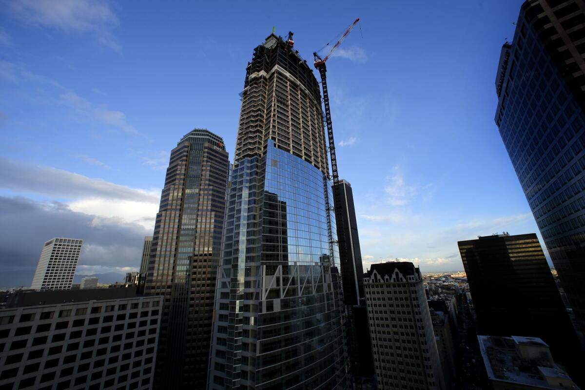 The Wilshire Grand Center in downtown Los Angeles on March 4. Upon completion, the Wilshire Grand will rise 1,100 feet and be the tallest building west of Chicago.