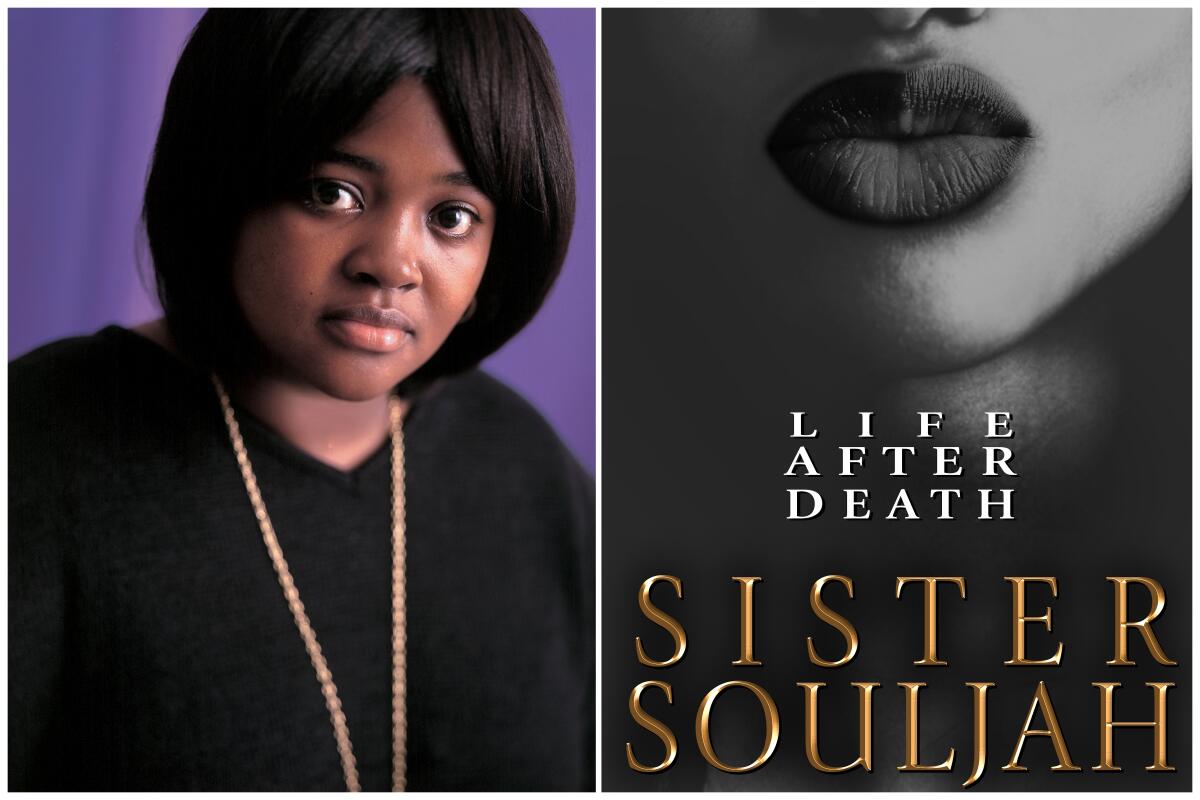 A head shot of Sister Souljah alongside the book jacket for "Life After Death" 