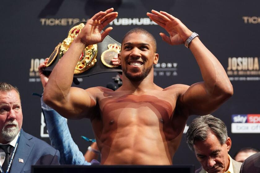 World heavyweight boxing champion Anthony Joshua of England responds to cheers during his weigh-in at Madison Square Garden in New York, May 31, 2019. - Joshua faces Mexican-American Andy Ruiz Jr. on June 1, 2019 at Madison Square Garden in New York. (Photo by TIMOTHY A. CLARY / AFP)TIMOTHY A. CLARY/AFP/Getty Images ** OUTS - ELSENT, FPG, CM - OUTS * NM, PH, VA if sourced by CT, LA or MoD **