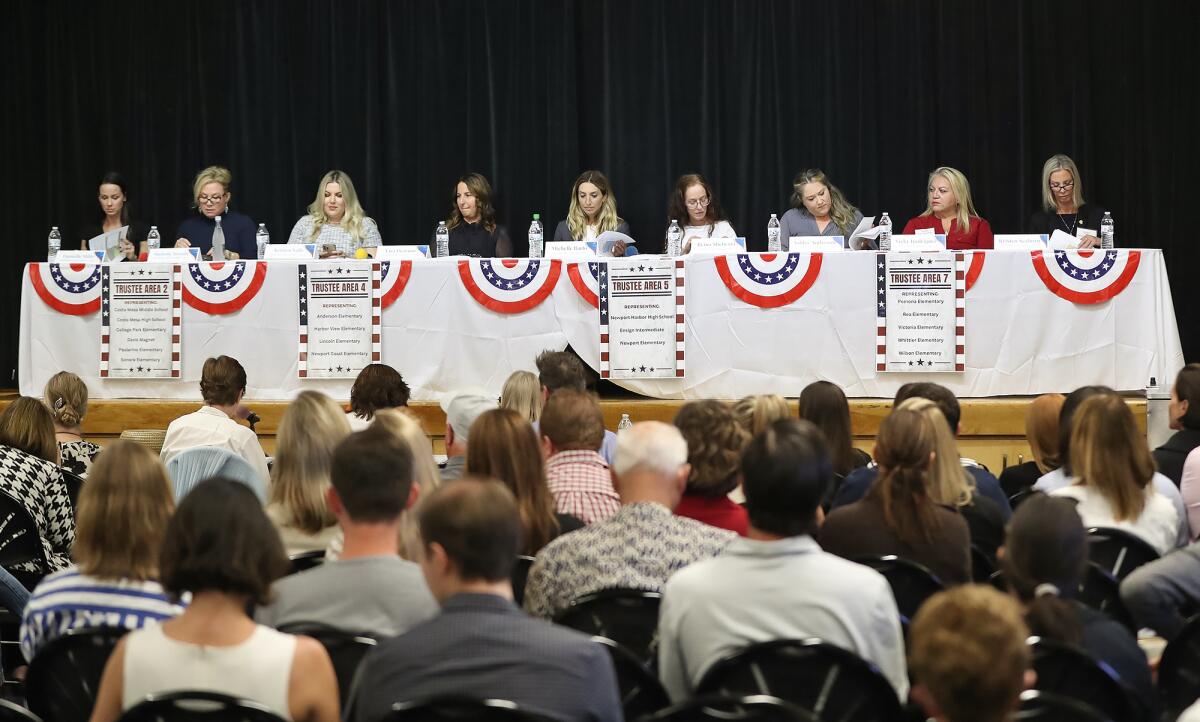 Candidates Monday at a Newport-Mesa Unified School District candidates forum hosted by the Harbor Council PTA. 