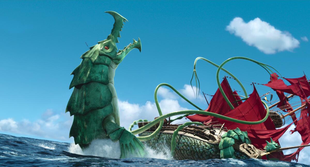 A giant green monster with a hard shell and tentacles attacks a wooden ship with red sails in animated "The Sea Beast."