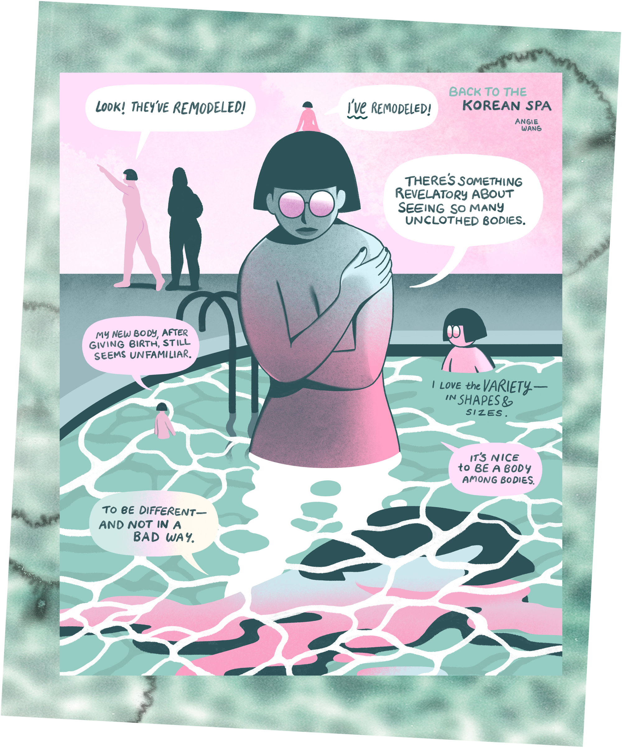 comic of a woman embracing herself in the middle of a Korean spa pool with different vignettes and thought bubbles around her