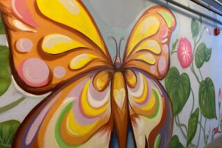 A butterfly mural, a symbol of migration, is painted on a wall at a shelter run by the San Diego Rapid Response Network Migrant Shelter Services.