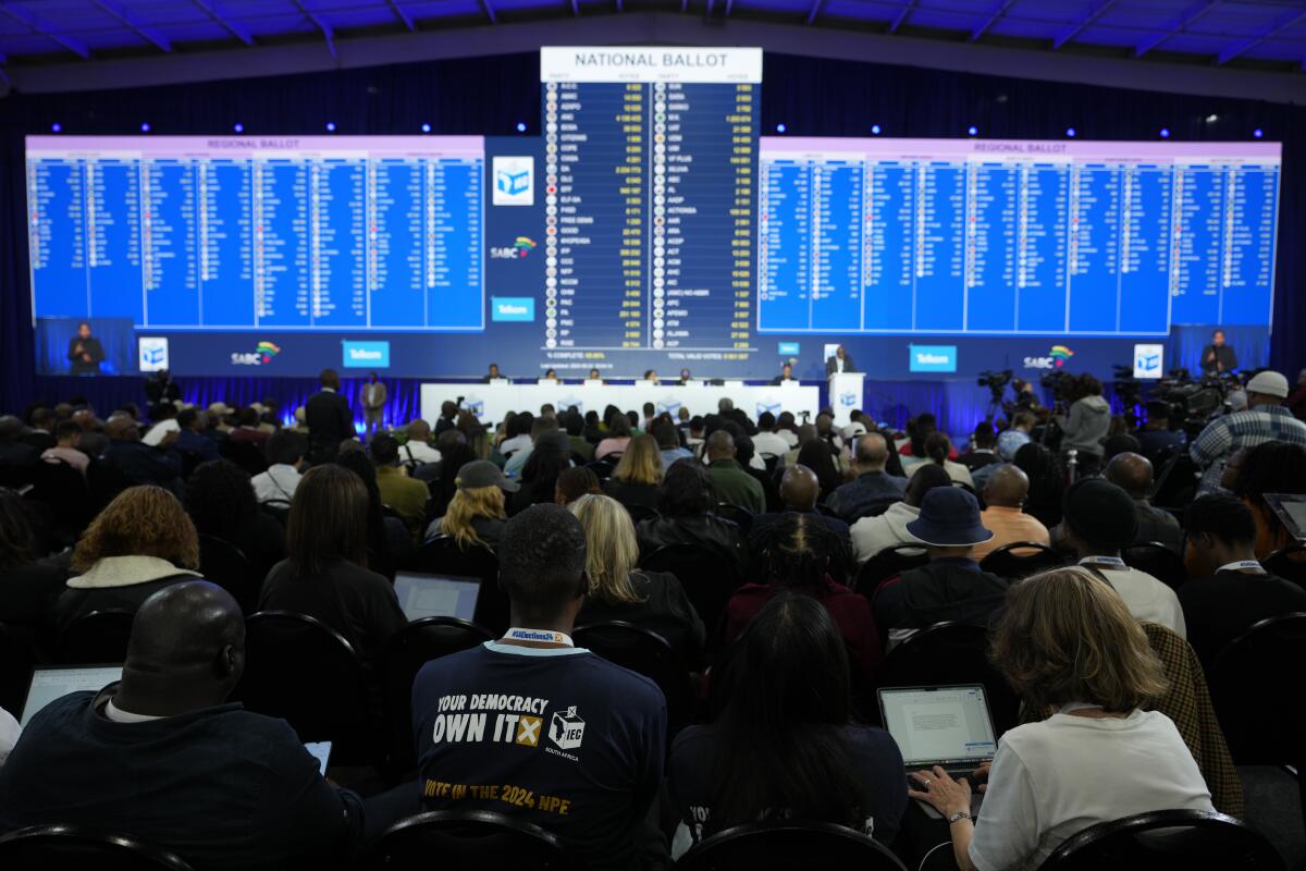 Election results are displayed on large blue screens at the Results Operation Center in Johannesburg.