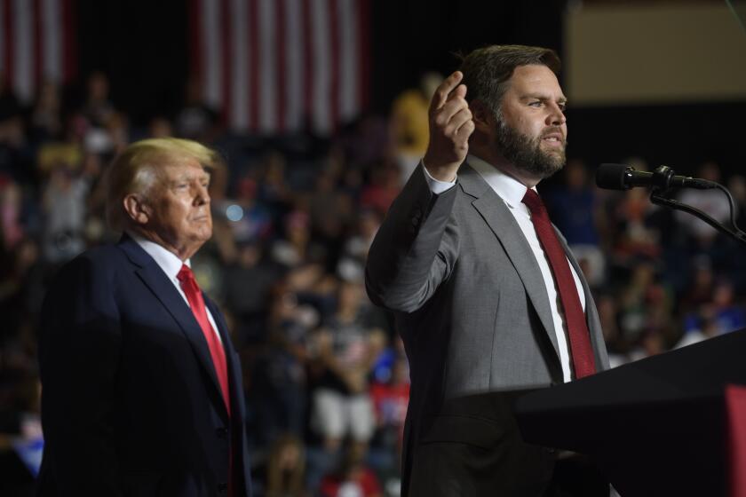 YOUNGSTOWN, OH - SEPTEMBER 17: Republican Senate candidate JD Vance and former President Donald Trump speak at a Save America Rally to support Republican candidates running for state and federal offices in the state at the Covelli Centre during on September 17, 2022 in Youngstown, Ohio. Republican Senate candidate JD Vance and Rep. Jim Jordan(R-OH) spoke to supporters along with Former President Trump.(Photo by Jeff Swensen/Getty Images)