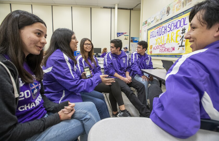 Bell High School academic decathlon team members, from left, Cindy Soto, Rubi Espinoza, Isabelle Torres, Andrew Vargas, Gilbert Castro and Diego Mora.