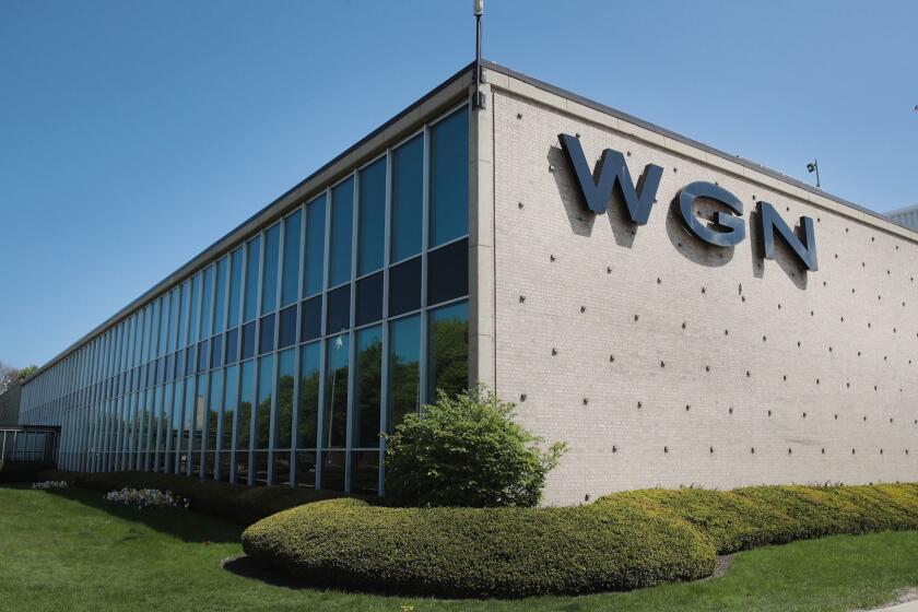 CHICAGO , IL - MAY 08: A sign sits outside the studio of Tribune Media Company's, WGN television studio on May 8, 2017 in Chicago, Illinois. Tribune Media Co. announced today it has agreed to be acquired by Sinclair Broadcast Group for $43.50 per share or about $3.9 billion. Sinclair currently owns 173 Television stations and Tribune 42. (Photo by Scott Olson/Getty Images) ** OUTS - ELSENT, FPG, CM - OUTS * NM, PH, VA if sourced by CT, LA or MoD **