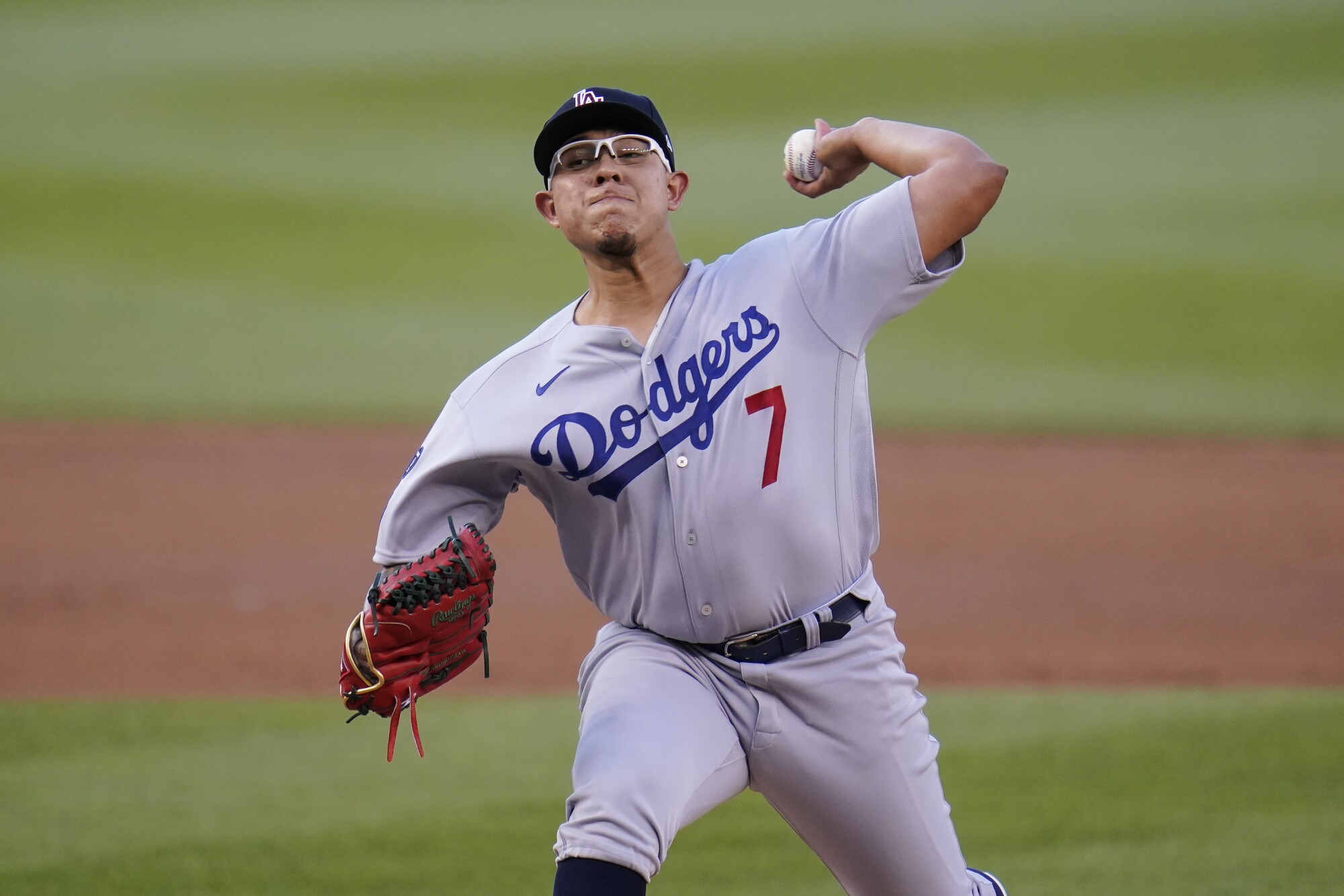 Los Angeles Dodgers starting pitcher Julio Urias throws a pitch to the Washington Nationals.