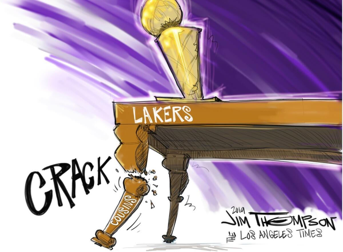 Cartoon of a table marked "Lakers" with a leg marked "Cousins" snapping off and the word "crack" next to it.