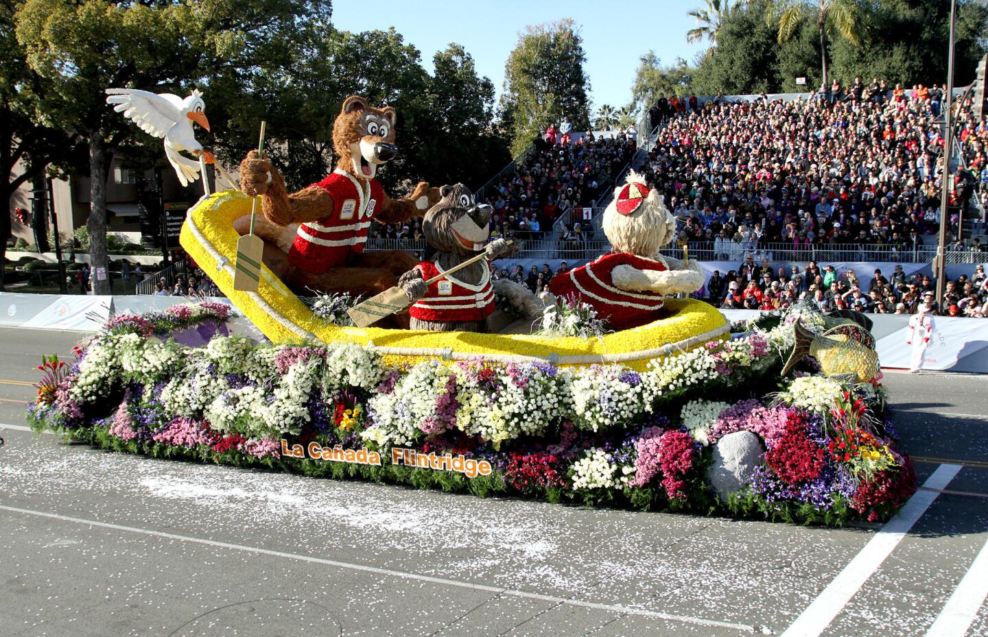 The La Cañada Flintridge Tournament of Roses Assn. float "Up a Creek" makes its way down Orange Grove Avenue during the 2016 Rose Parade in Pasadena on Friday, Jan. 1, 2016. The entry won the Bob Hope Humor Award.