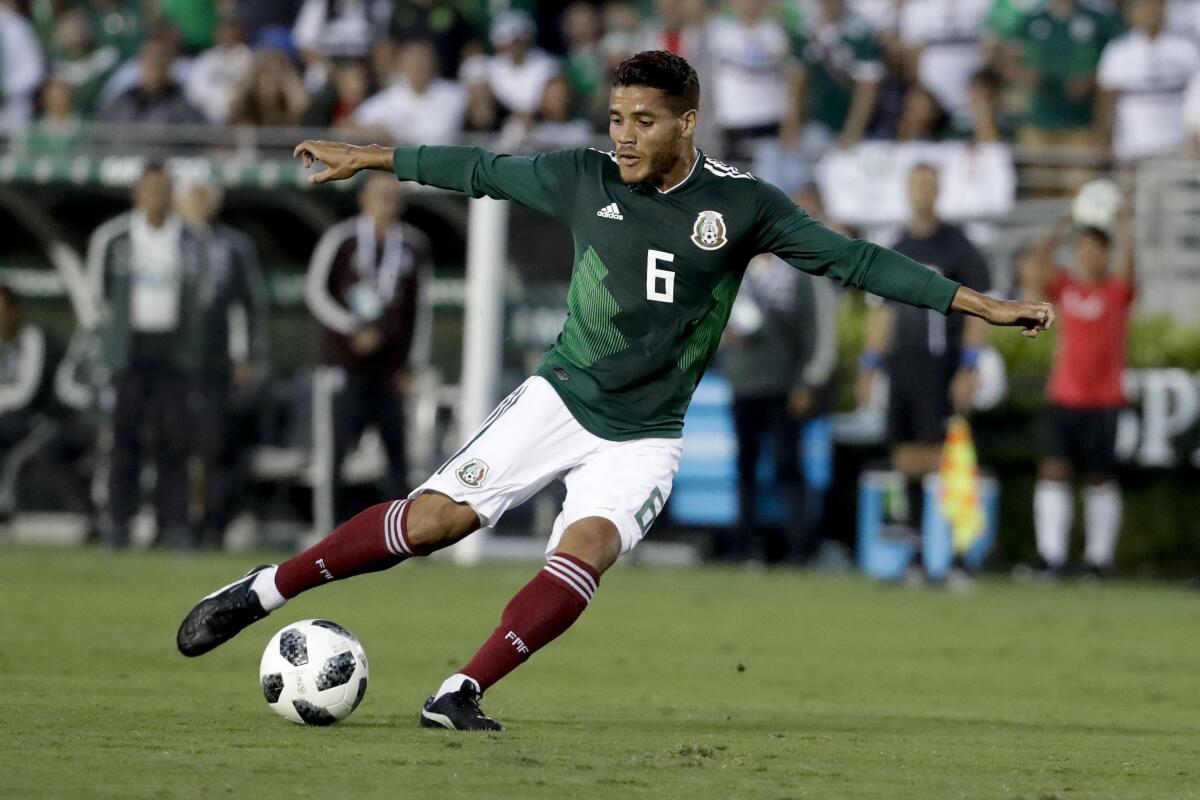 Mexico's Jonathan Dos Santos plays against Wales during the second half of their soccer match Monday, May 28, 2018 in Pasadena, Calif. The match ended in a 0-0 tie. (AP Photo/Chris Carlson)