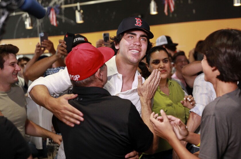 Eastlake High's Marcelo Mayer celebrates at Chula Vista restaurant after being drafted by the Boston Red Sox on Sunday.