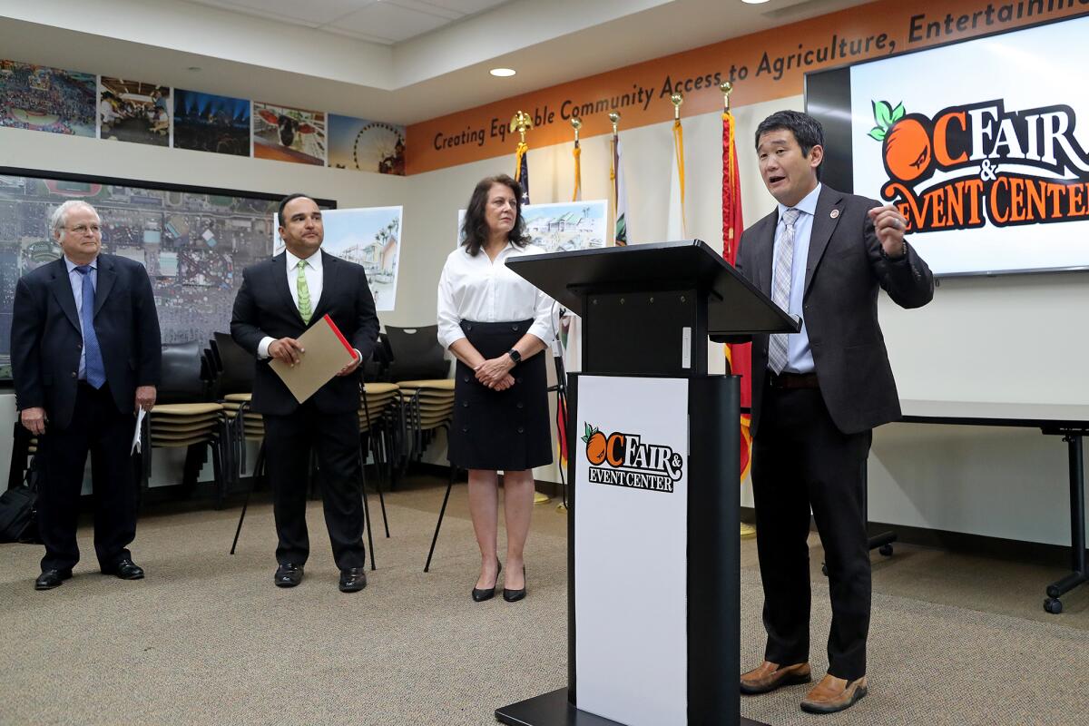 State Sen. Dave Min (D-Irvine), at a news conference Friday at the OC Fair & Event Center in Costa Mesa on Friday.
