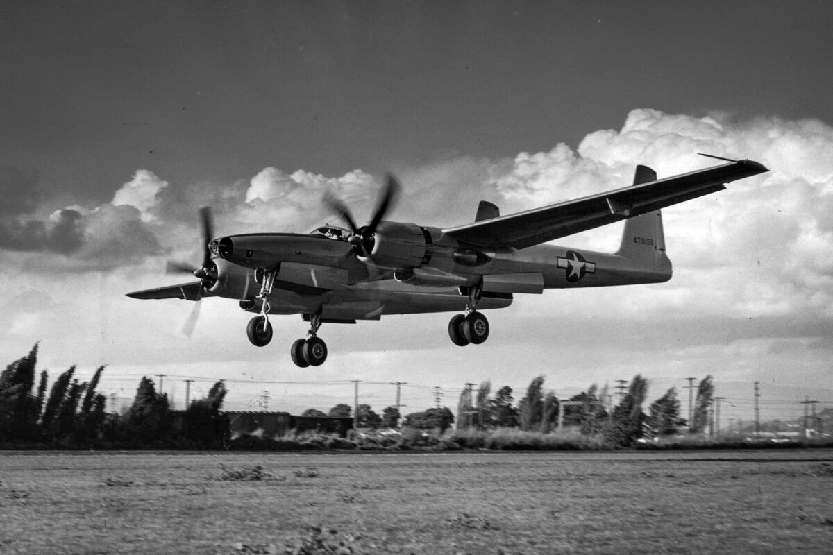 April 5, 1947: The second XF-11 prototype, with Howard Hughes at the controls, flies for the first time at the Hughes Aircraft plant in Culver City.