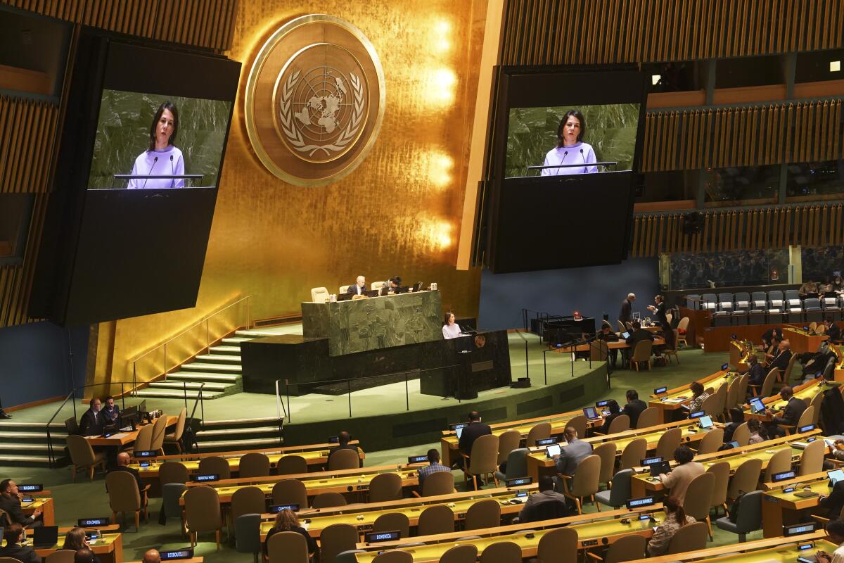 Germany's foreign minister projected on screens in the United Nations General Assembly