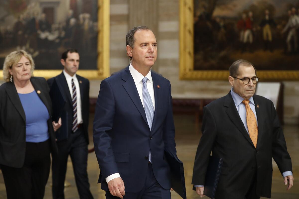 Reps. Jerrold Nadler and Adam Schiff lead as Rep. Zoe Lofgren and Rep. Jason Crow follow in the Capitol rotunda