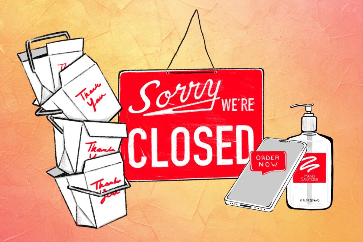 illustration of a "Sorry We're Closed" sign, takeout boxes, hand sanitizer and a phone