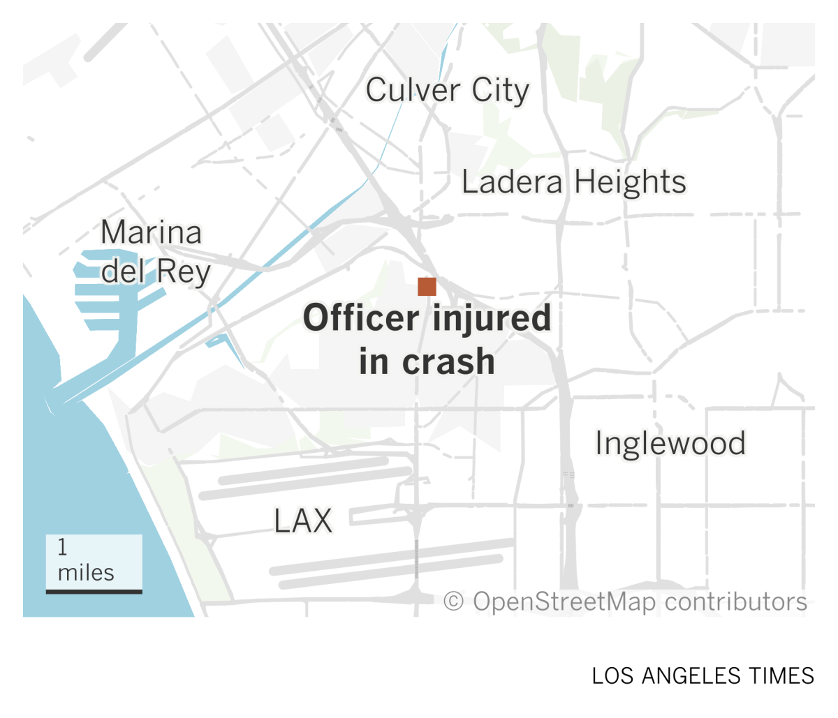 A map shows where a police officer was injured in a crash south of Culver City
