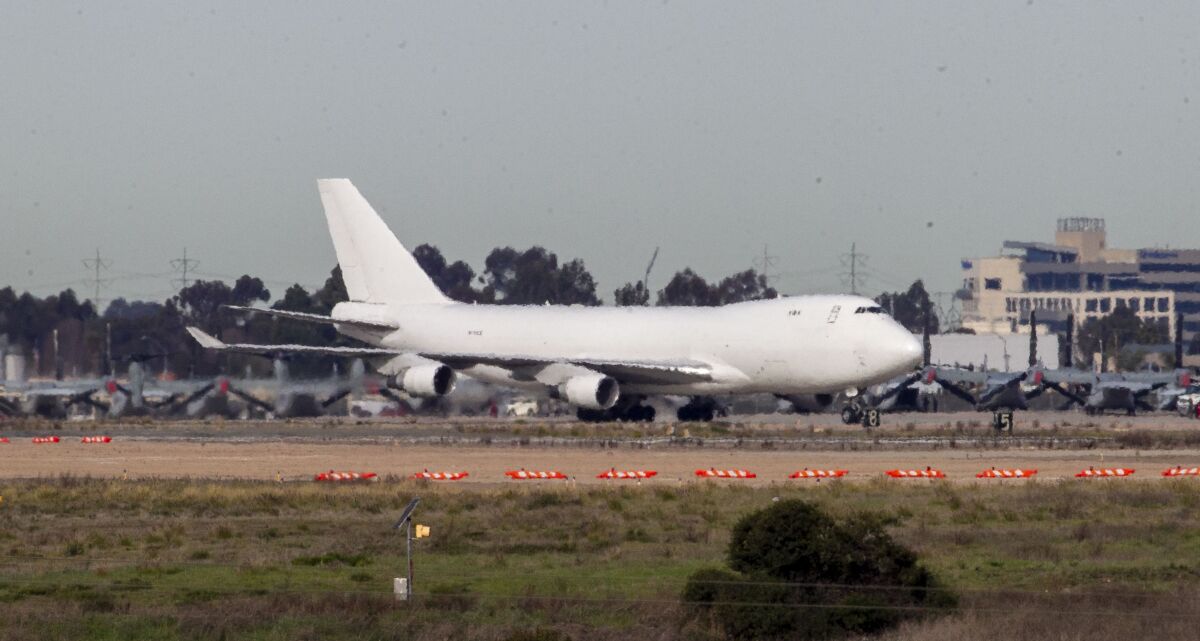 A charter plane with an unknown number of U.S. Citizens on board returning from China taxied towards the terminal after it landed at Marine Corps Air Station Miramar about 9:30 on Wednesday morning, February 5, 2020 to begin 14 days of Federally mandated quarantine after possible exposure to the coronavirus in China.