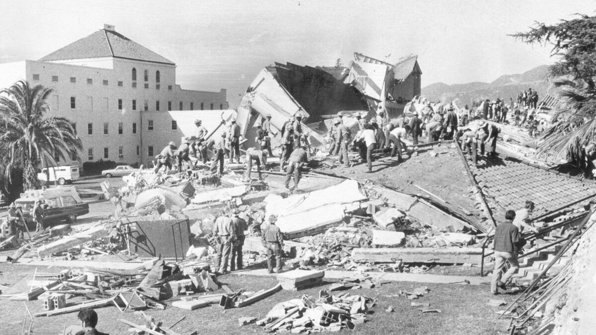Brittle concrete buildings can collapse in earthquakes, such as the Veterans Administration Hospital did in the 1971 Sylmar earthquake. Many patients were crushed under the debris; 49 people died.