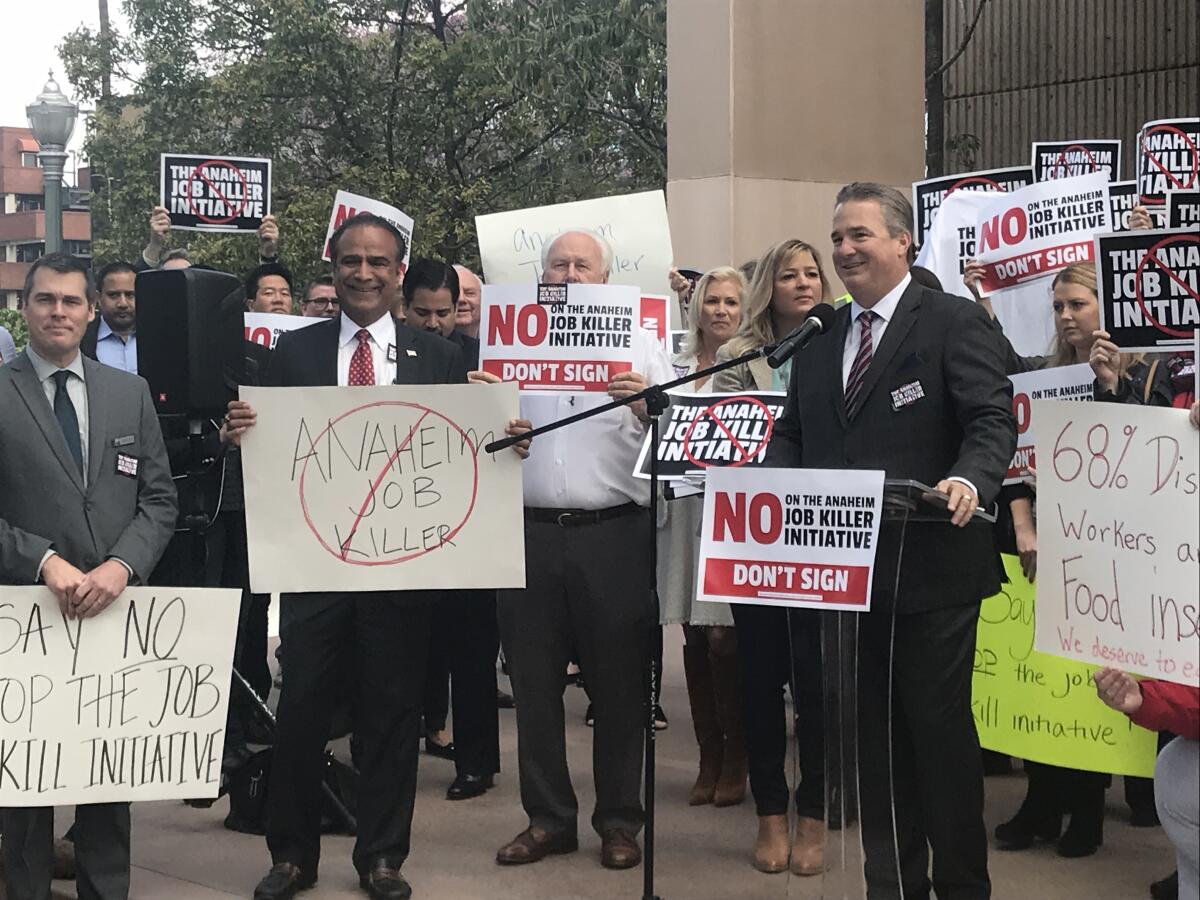 Harry Sidhu, as a mayoral candidate, at a rally in 2018 as former Anaheim Chamber of Commerce President/CEO Todd Ament spoke.