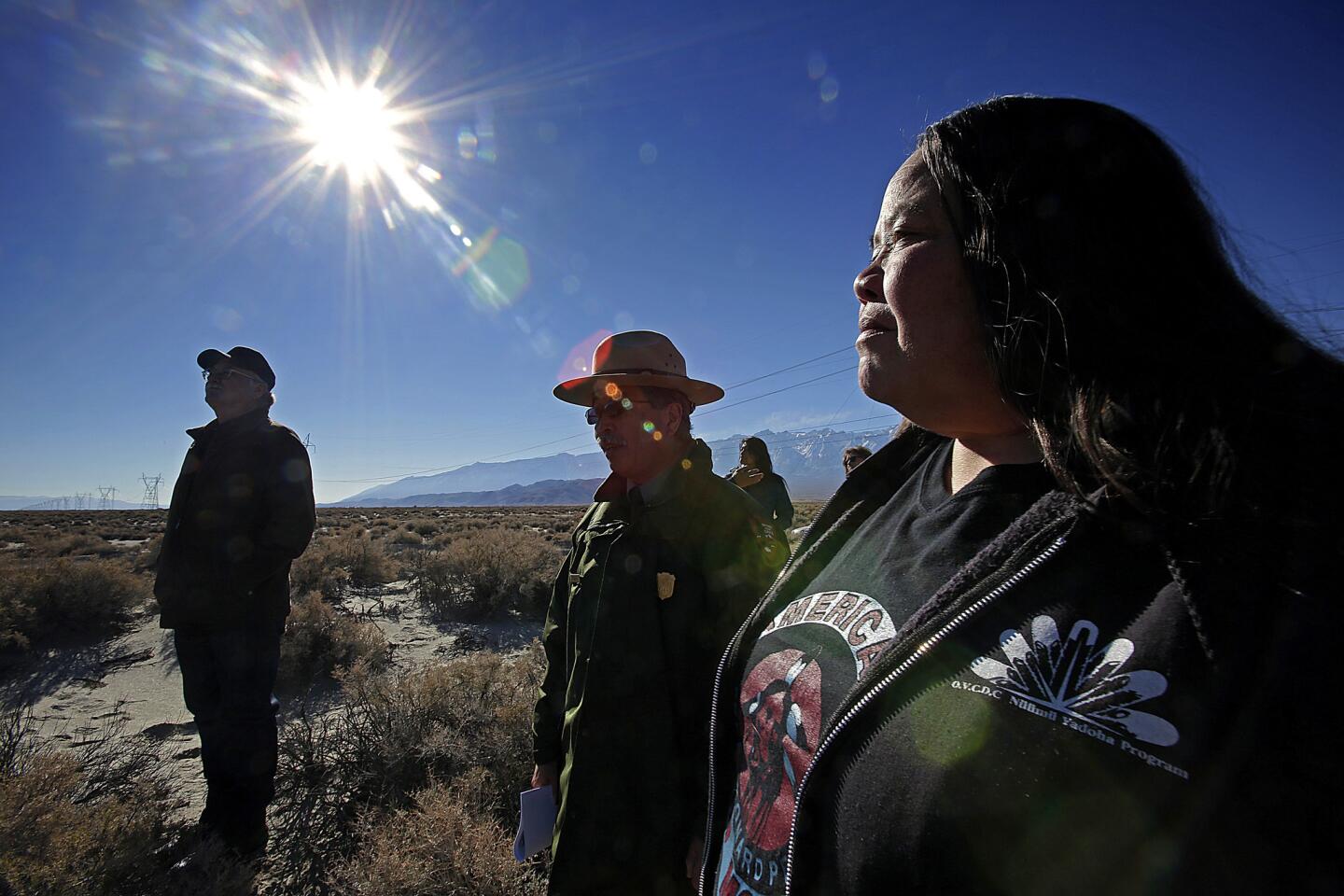 Kathy Jefferson Bancroft, tribal historic preservation officer, right, Les Inafuku, Manzanar National Historic Site, and Bill Helmer, tribal historic preservation officer, are opposing L.A.'s plans to build a $680-million 200-megawatt solar energy plant in the eastern Sierra near Manzanar, the site of a Japanese American internment camp during World War II. Their concern is that views of an industrial complex in the distance would destroy a key element in understanding what Japanese American internees experienced 70 years ago.